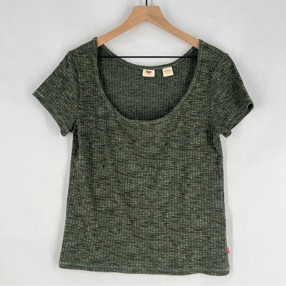 Levi's 90's Olive Green Marled Ribbed Knit Scoop Neck‎ Short Sleeve Tee Size XL